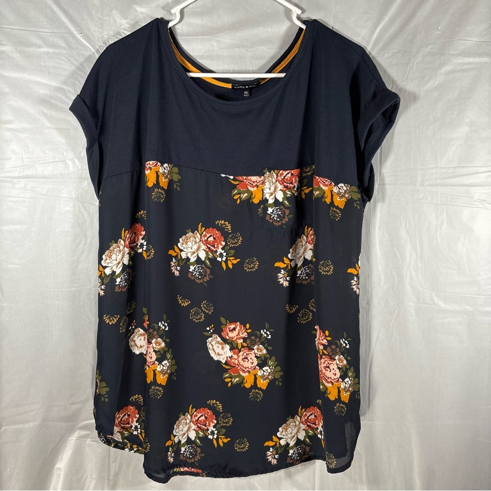 Violets & Roses Floral Top Womens XXL Sheer Blue Short Sleeve Lightweight Spring